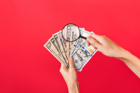 Magnifying glass in a woman's hand and money in US dollars. On a red backgroundの写真素材