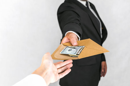 A businessman in a black suit hands over a brown envelope filled with 100 US dollar bills to another person. This image symbolizes concepts such as bribery, corruption, financial transaction, or secret payment.の写真素材