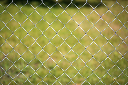 Close up of diamond mesh fence showing metallic texture and soft blurred green nature background.