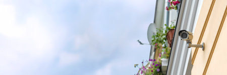 Long banner, CCTV camera is installed on the facade of a residential building. In the background is...