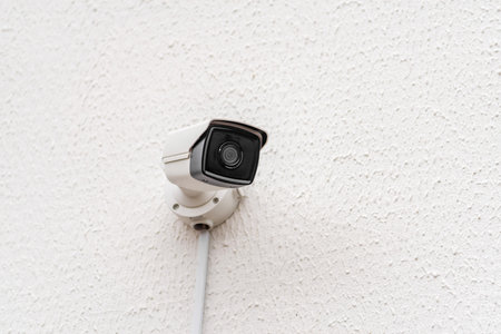 A wall-mounted security camera on a white textured surface, perfect for home surveillance. Its sleek design ensures effective monitoring and safety.の写真素材