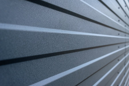 The texture of the garage or fence, the roof, the sandwich panel of gray color is close-upの写真素材