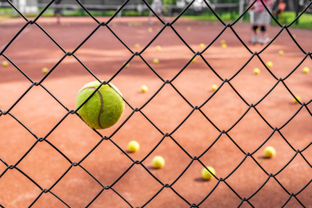 Vibrant green tennis ball is caught in a chain-link fence, with a blurred tennis court and many other scattered balls in the background, perfect for sports, play, or challenge concepts.の写真素材