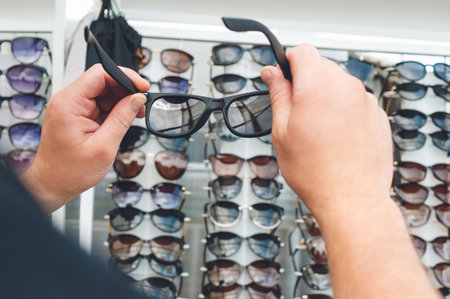 A person's hands hold and examine a pair of black sunglasses, with a blurry background of numerous other sunglasses on a retail display, perfect for themes of shopping, personal style, or eye protection.の写真素材