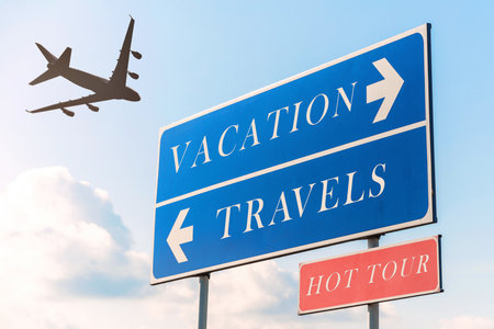 A combination of blue VACATION and TRAVELS signs with arrows, and a red HOT TOUR sign, set against a...