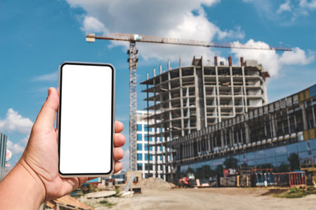 Hand holding modern smartphone with blank white screen on blurred background of construction site with unfinished building and crane. Ideal for construction technology, real estate applications.の写真素材