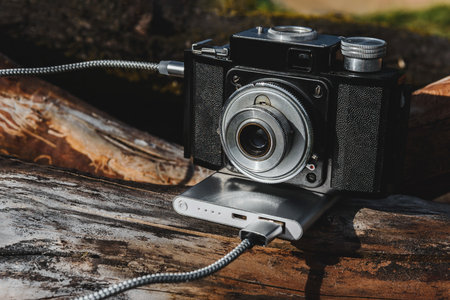 Old fashioned vintage camera charging from a portable power bank outdoors. Battery technology,...