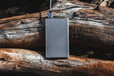 Features a sleek powerbank with a cable on rustic wooden logs. The natural outdoor texture...