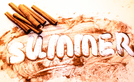 cinnamon stick and spice at a white table, summerの写真素材