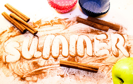 cinnamon stick and spice at a white table, summerの写真素材