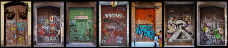 Collage of painted doors. Graffiti, street art or just vandalism. El Raval neighborhood, Barcelona, Catalunya, Spainのeditorial素材