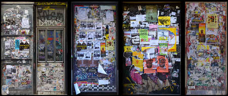 Collage of painted doors. Graffiti, street art or just vandalism. El Raval neighborhood, Barcelona, Catalunya, Spainのeditorial素材