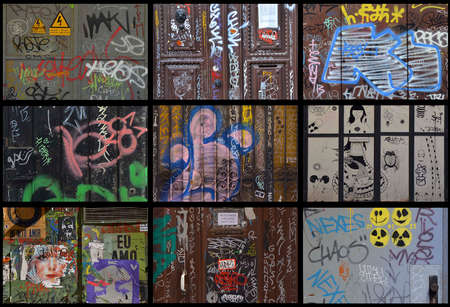 Collage of painted doors. Graffiti, street art or just vandalism. El Raval neighborhood, Barcelona, Catalunya, Spainのeditorial素材