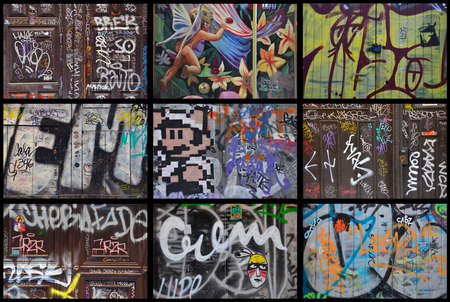 Collage of painted doors. Graffiti, street art or just vandalism. El Raval neighborhood, Barcelona, Catalunya, Spainのeditorial素材