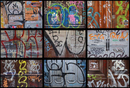 Collage of painted doors. Graffiti, street art or just vandalism. El Raval neighborhood, Barcelona, Catalunya, Spainのeditorial素材