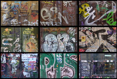 Collage of painted doors. Graffiti, street art or just vandalism. El Raval neighborhood, Barcelona, Catalunya, Spainのeditorial素材