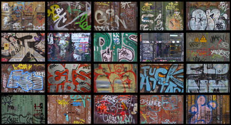 Collage of painted doors. Graffiti, street art or just vandalism. El Raval neighborhood, Barcelona, Catalunya, Spainのeditorial素材