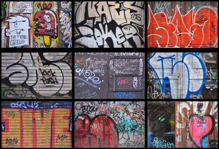 Collage of painted doors. Graffiti, street art or just vandalism. El Raval neighborhood, Barcelona, Catalunya, Spainのeditorial素材