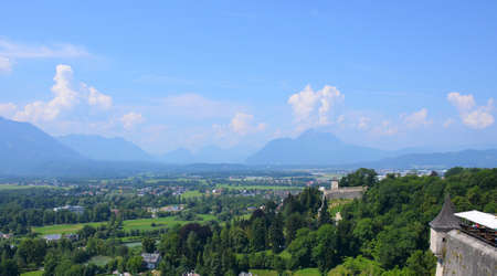 Views from the Hohensalzburg fortress over the Salzach river valley, Salzburg, Austriaの写真素材