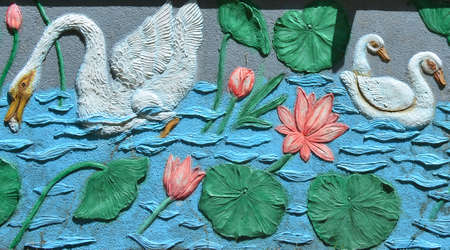 Detail of the exterior wall decoration of a buddhist temple in sri lankaの写真素材