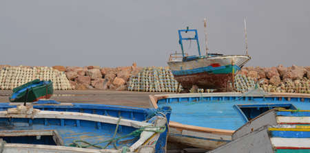 Clay amphorae for octopus fishing in the port of Djerba, Tunisiaの写真素材