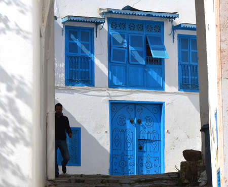 Details of blue doors and windows in Sidi Bou Said, Tunisiaのeditorial素材