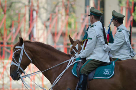 Santiago de Chile. Chile. January 15, 2012: mounted police in The Constitution Square.のeditorial素材