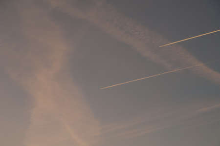 Airplanes and contrails of another airplanes. Huesca. Aragon. Spain.の写真素材