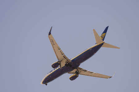 Underside view of an airplane in flight. Aguimes. Gran Canaria. Canary Islands. Spain.