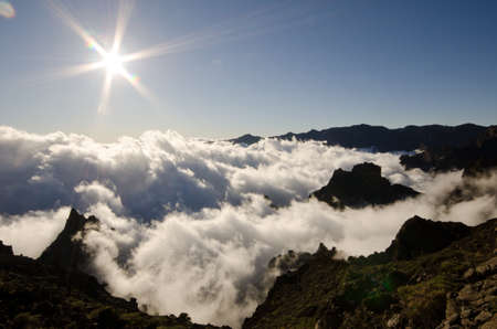 Cliffs and sea of clouds against of sunlight. Caldera de Taburiente National Park. La Palma. Canary Islands. Spain.の写真素材