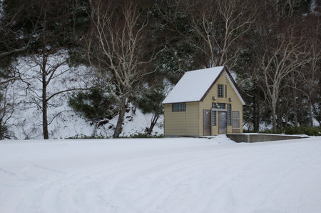 Rausu, November 28, 2017: House in a winter landscape on the Shiretoko Peninsula. Nemuro Subprefecture, Hokkaido, Japan.のeditorial素材
