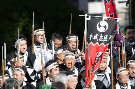 Tokyo, December 14, 2017: men in a japanese cultural manifestation in Ginza. Honshu. Japan.のeditorial素材