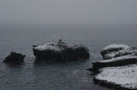 Rocky cliffs on the coast under a snowfall. Rausu. Nemuro Subprefecture. Shiretoko Peninsula. Hokkaido. Japan.の写真素材