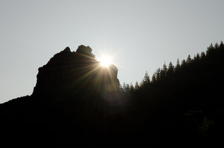 Sunrise behind the Morro de Pajonales. The Nublo Rural Park. Tejeda. Gran Canaria. Canary Islands. Spain.の写真素材