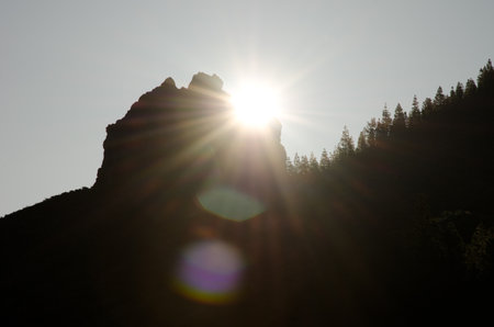 Sunrise behind the Morro de Pajonales. The Nublo Rural Park. Tejeda. Gran Canaria. Canary Islands. Spain.の写真素材