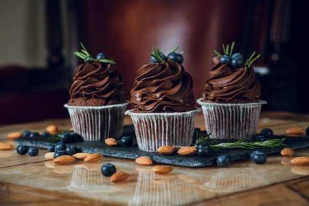 Chocolate cupcake with blueberry on topの写真素材
