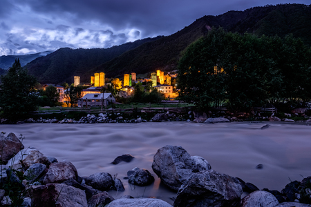 Mestia river at nightの写真素材