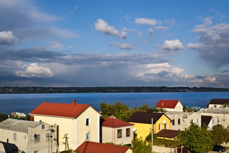 a holiday village at the Dnieper river bank near to Kherson (Ukraine) on aughtumn dayの写真素材