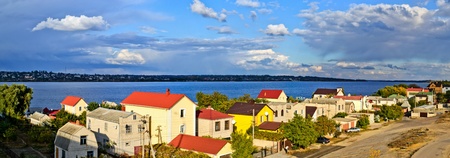 a panoramic view of the holiday village at the Dnieper river bank near to Kherson (Ukraine) on...