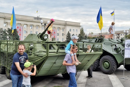 KHERSON, UKRAINE - AUGUST 24, 2016: Show of Ukrainian army machinery and armament on celebrating 25-th Independence Day of Ukraine as the demonstration of dead earnest  to resist Russian aggression.のeditorial素材