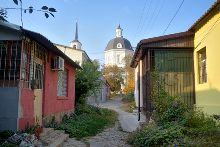KHERSON, UKRAINE - OCTOBER 21, 2018: A view of typical Kherson outlying old streets with their uncomplicated architecture and calm and peaceful air. Kherson is a regional town on South of Ukraine.のeditorial素材