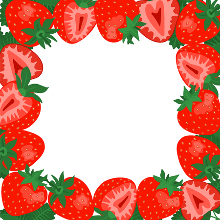 Strawberry square border frame. Vector frame illustration of strawberry with leaves on a white background.のイラスト素材