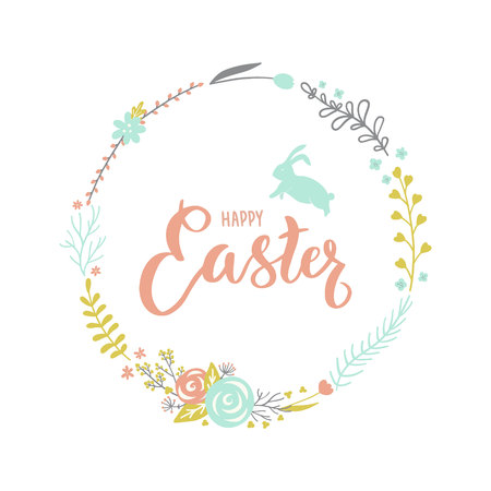 Easter floral wreath with a rabbit and handwritten lettering on a white background. Vector illustration. Greeting easter card.のイラスト素材