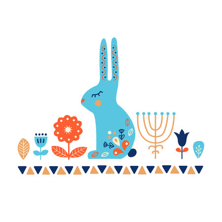 Nordic ornaments, folk art pattern. Scandinavian style. Rabbit and forest flowers. Vector illustration.のイラスト素材