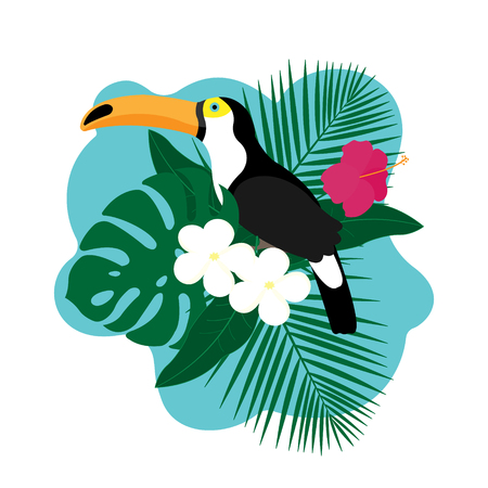 Exotic Toucan Bird, Colorful Hibiscus Flowers Blossom and Tropical Leaves, Isolated on White Background.のイラスト素材