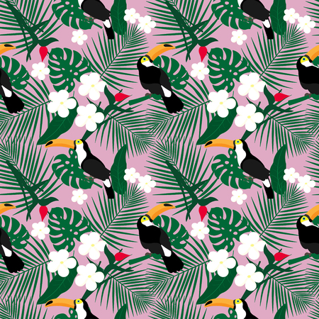 Bright tropical seamless pattern with toucan and tropical leaves.のイラスト素材