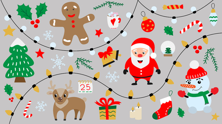 Cartoon Merry Christmas and Happy New Year symbols in landscape style isolated design elements for greeting cards and flyers.のイラスト素材