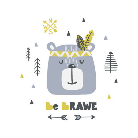 Childish poster with cute bear-indian and fanny lettering. Scandinavian style. Vector illustration.
のイラスト素材