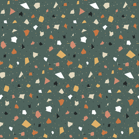 Terrazzo seamless pattern. Print in Classic italian type of floor style .  Vector abstract background with chaotic stains. Green, yellow, orange, black andd white colors.のイラスト素材