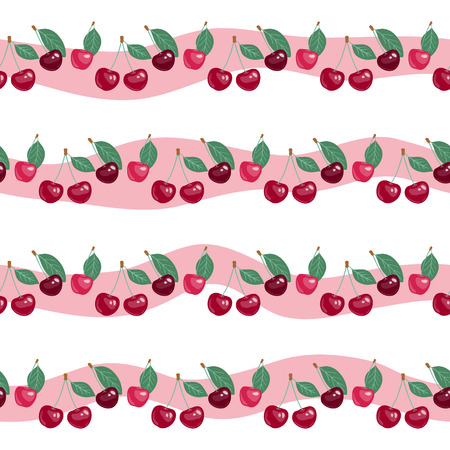 Seamless pattern with beauty cherries on striped background. Vector wallpaper. Perfect for fabric,  backdrop, wrap, etc. のイラスト素材